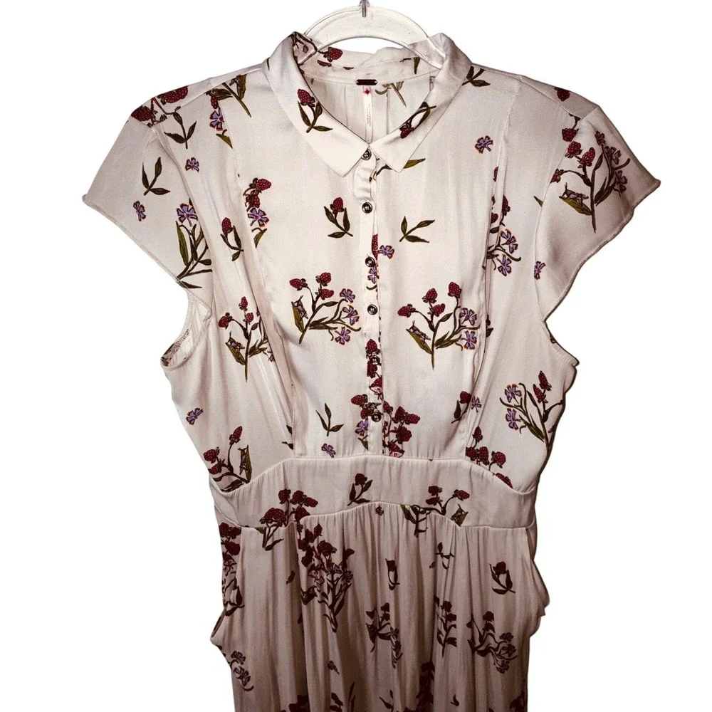 Free People Floral Midi Shirt Dress Cream Berry‎ Botanical Cap Sleeve Pockets 6